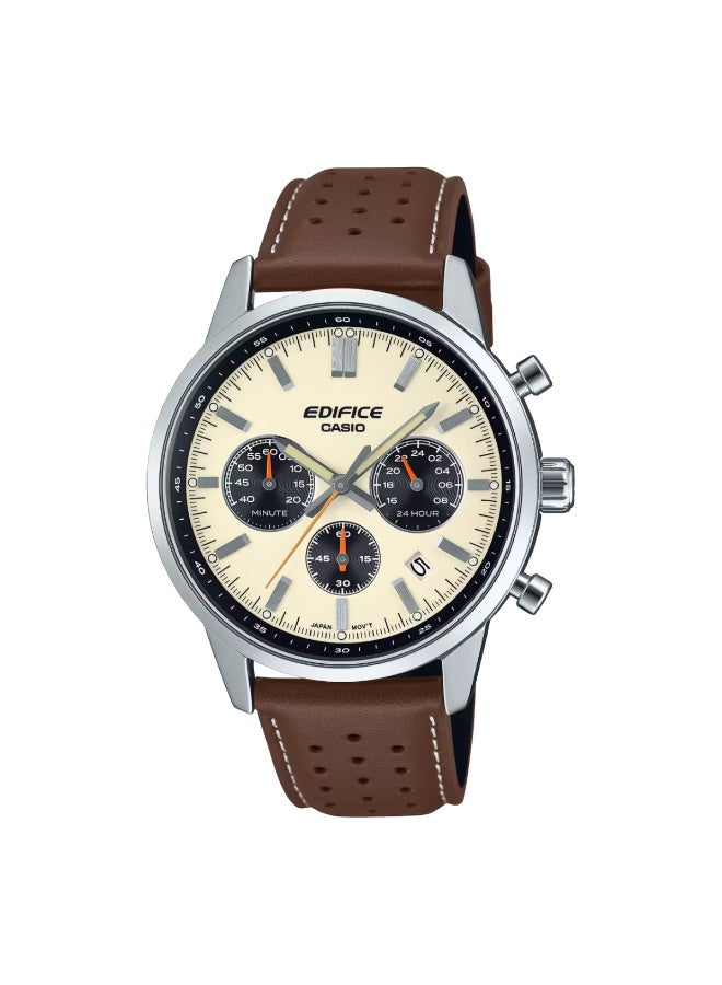 كاسيو EDIFICE Chronograph Men’s Watch EFR‑575L‑7ADF, 40.5 mm Cream Dial, Brown Genuine Leather Band, 100 m WR - Image 2